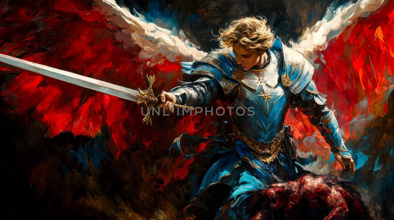 Archangel Michael in blue and red colors, with a sword drawn over a demon lying on a black background. AI generative.