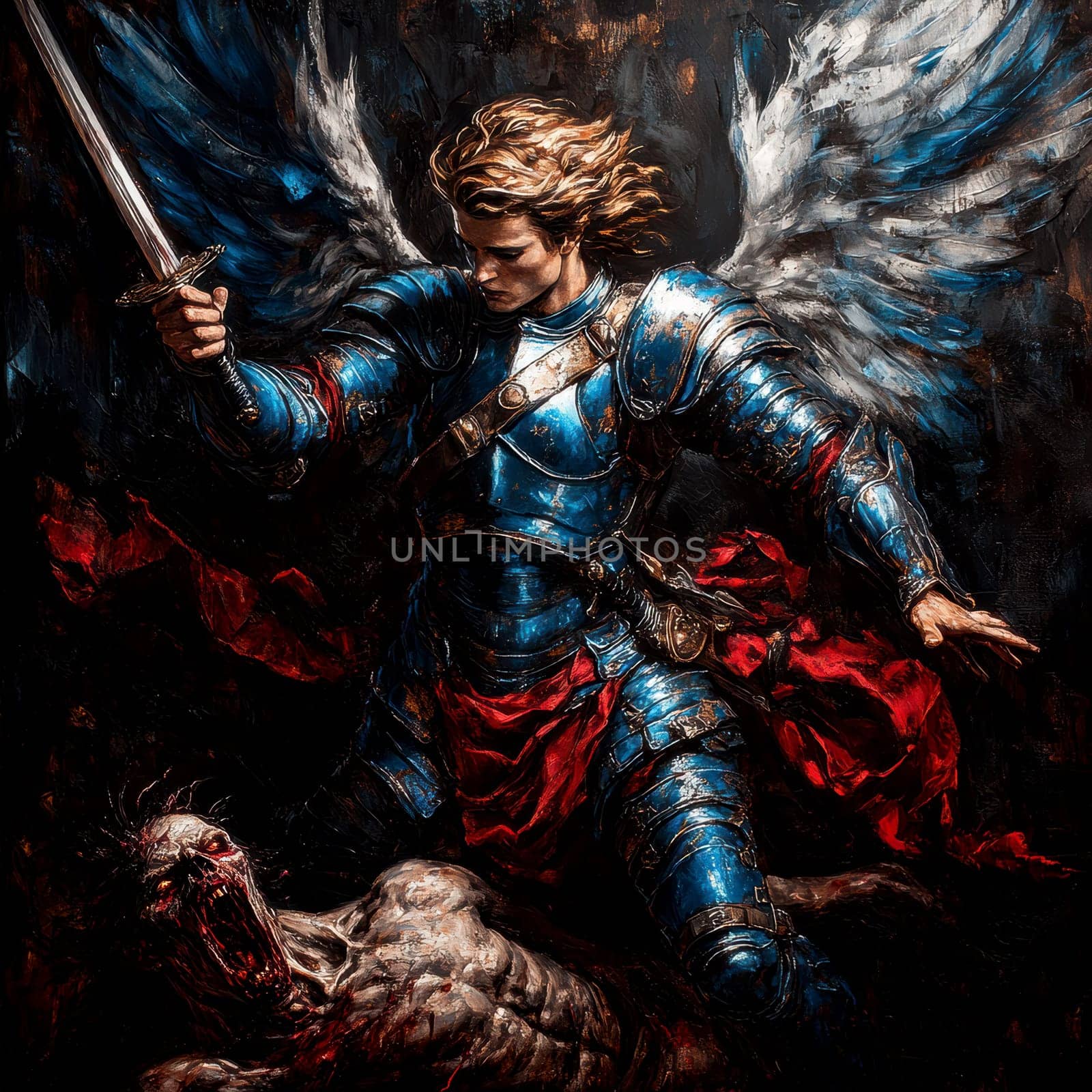 Archangel Michael in blue and red colors, with a sword drawn over a demon lying on a black background. AI generative.