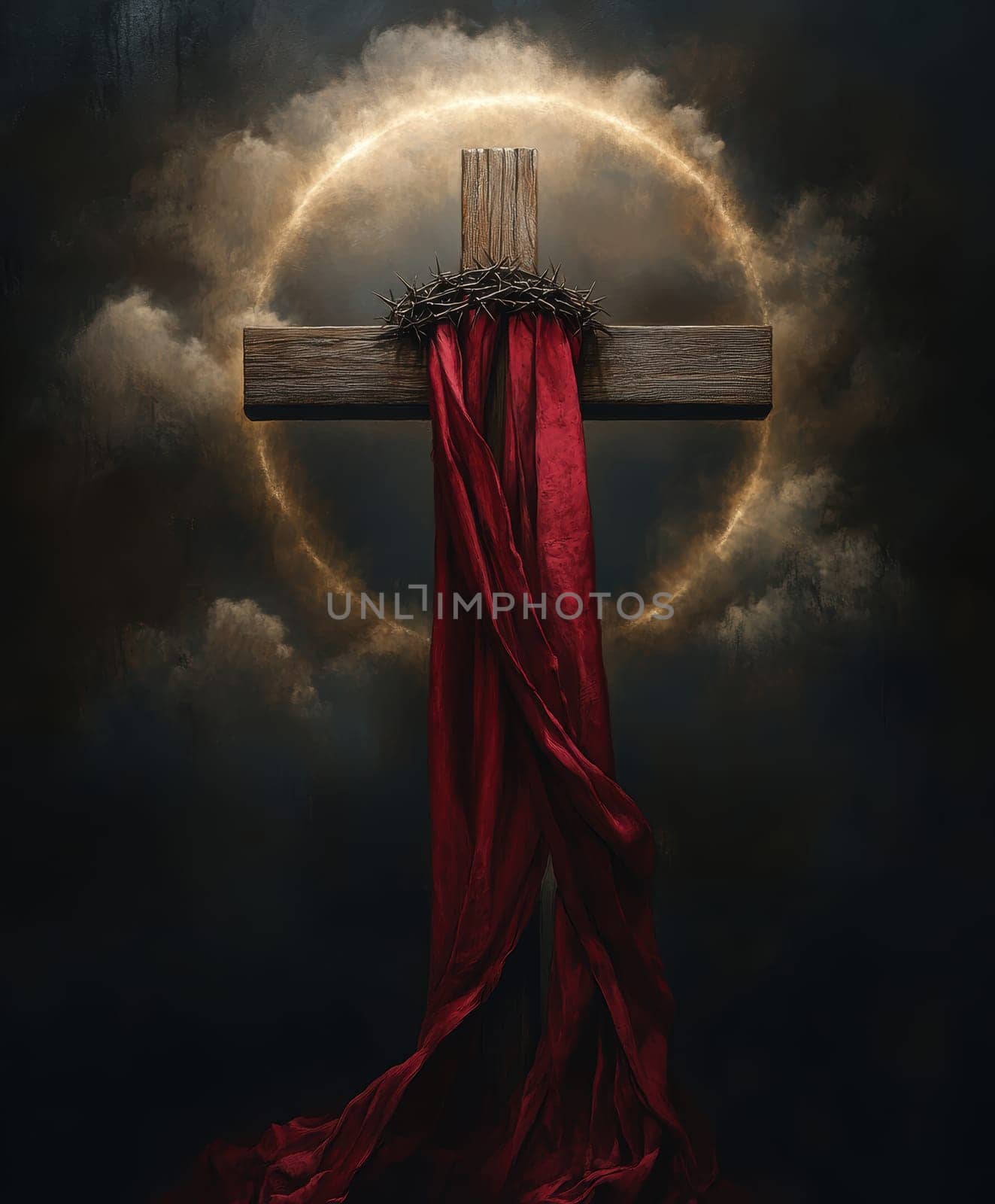 Wooden cross with crown of thorns. AI generative.