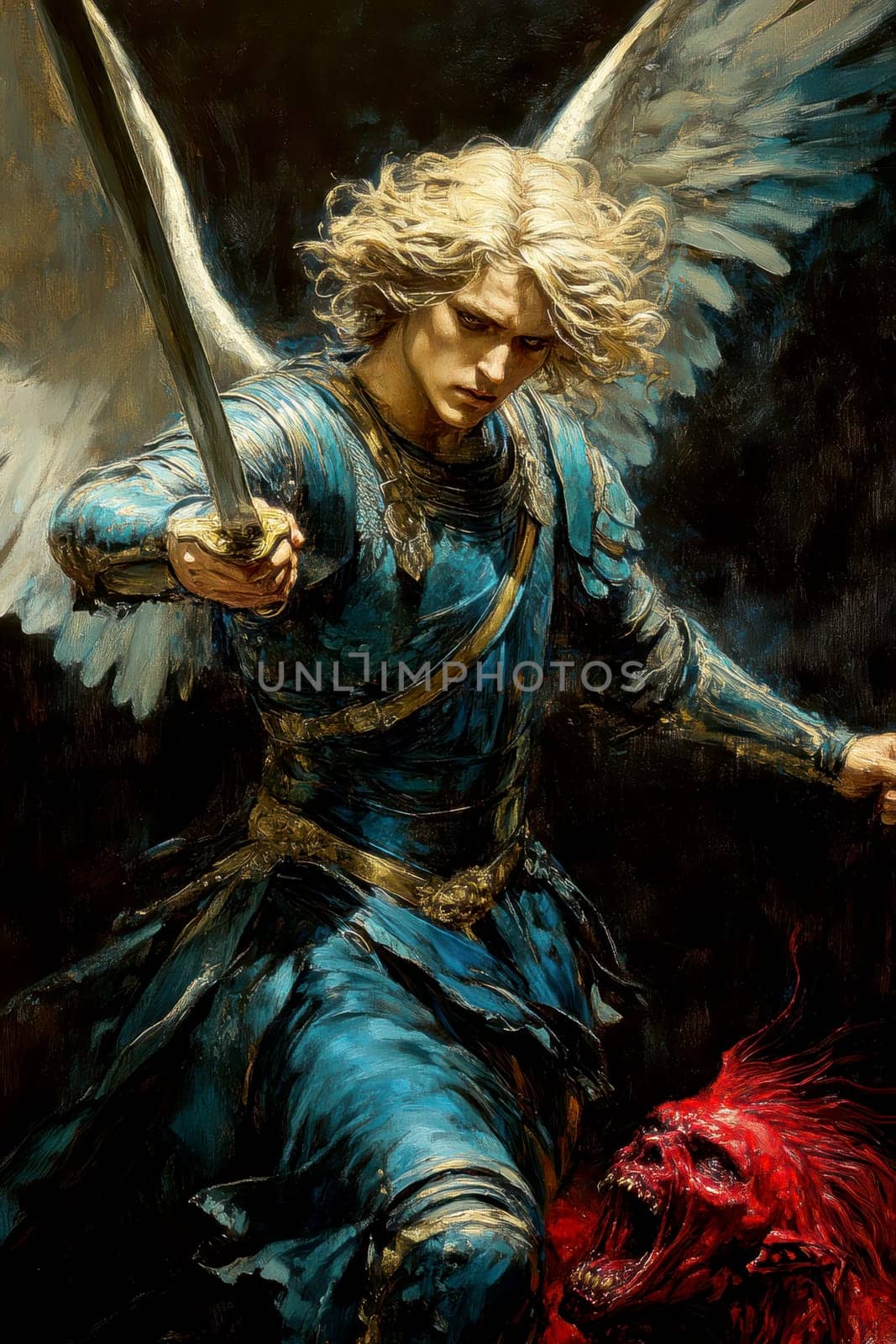 Archangel Michael in blue and red colors, with a sword drawn over a demon lying on a black background. AI generative.