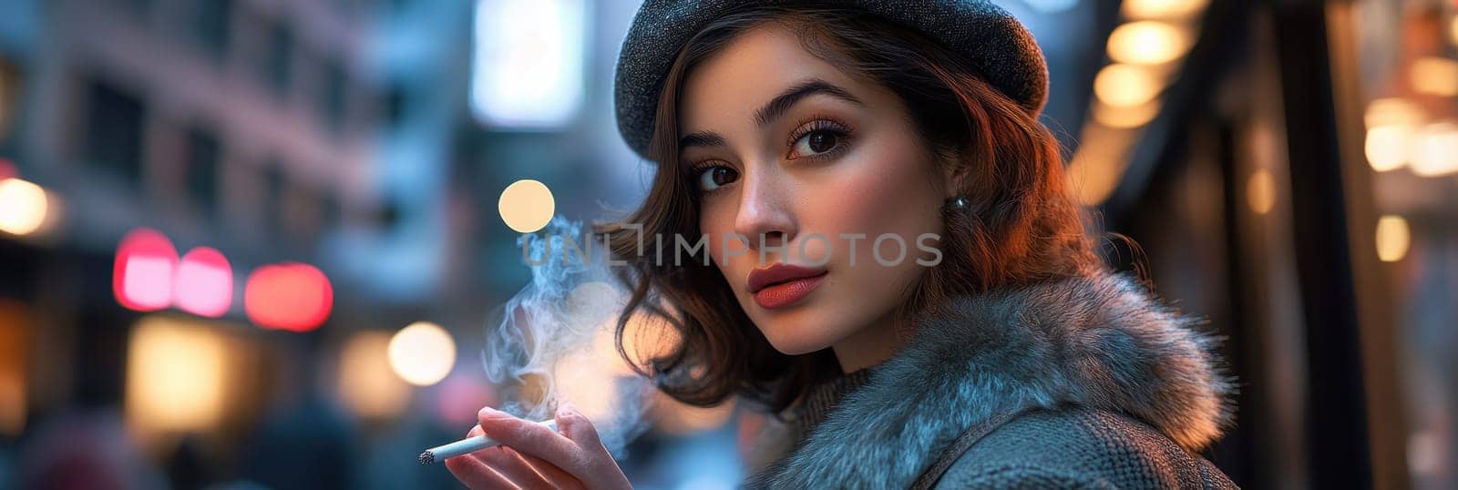 Woman dressed in 80s style smoking a cigarette on the street. AI generative.