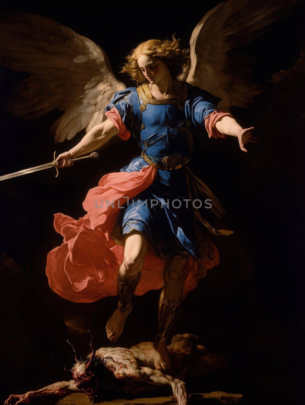 Archangel Michael in blue and red colors, with a sword drawn over a demon lying on a black background. AI generative.