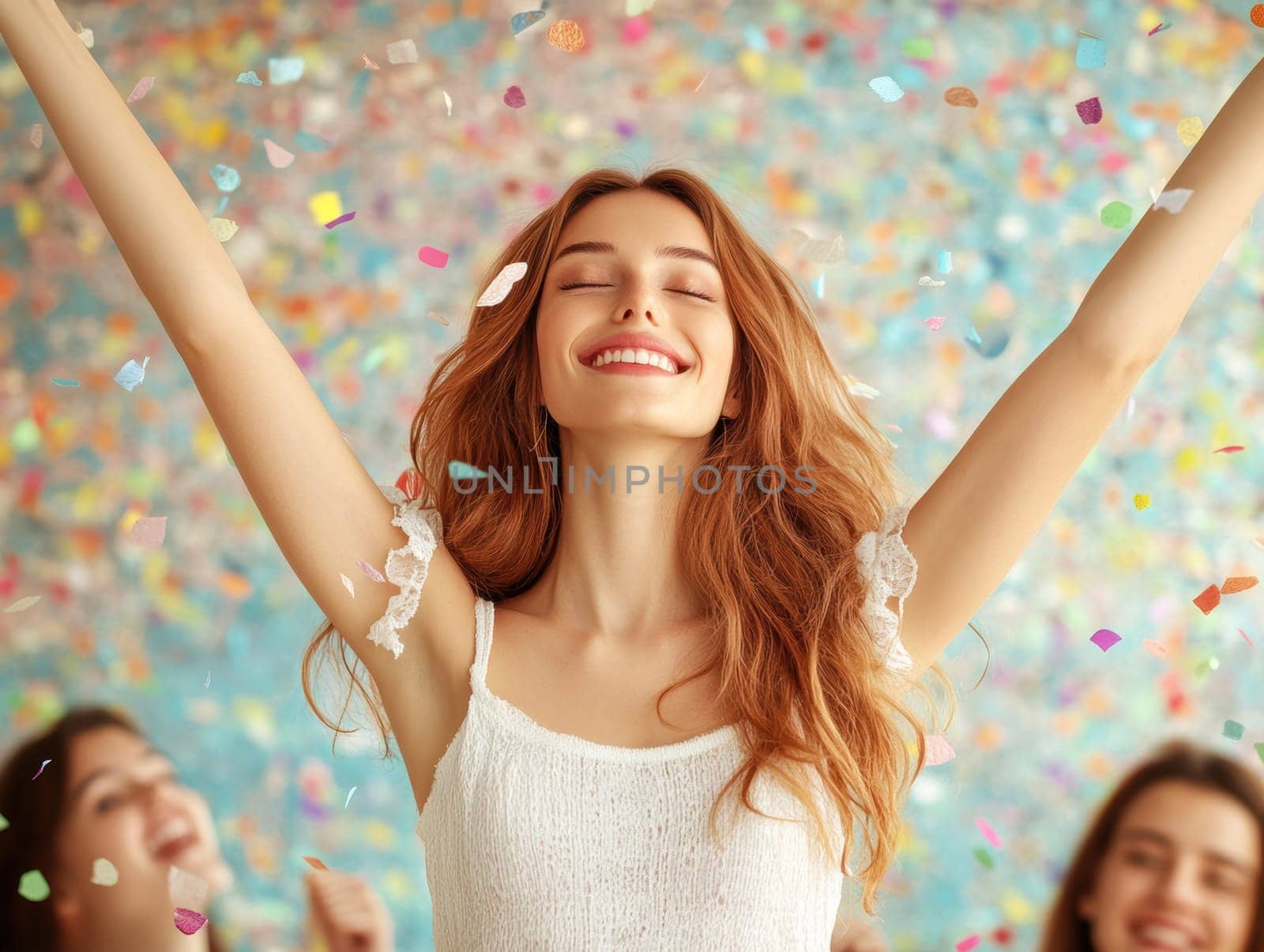 oung woman, celebrating with her arms raised high in the air, surrounded by colorful confetti.  AI generative.