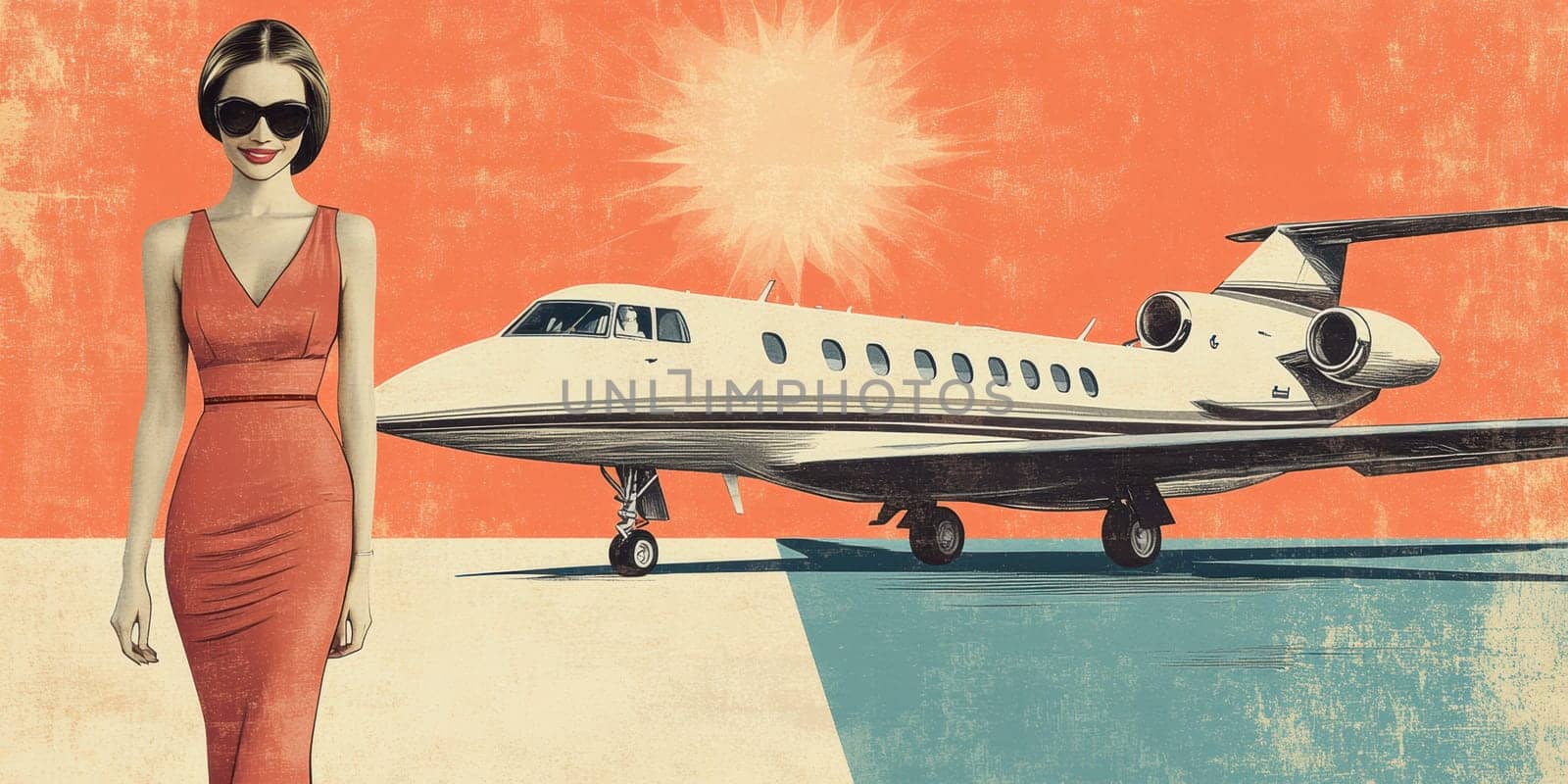 Create a retro-inspired illustration of a private jet on a runway. Include a young, beautiful flight attendant in a sweet, classic uniform with a slightly short dress, smiling next to the aircraft. The colors should be warm and inviting, evoking a sense of mid-20th century glamour and elegance. The style should be simple yet striking, suitable for a logo for a group called 'Airstripes. --chaos 30 --ar 2:1 --style raw --stylize 300 --v 6.1 Job ID: 60ab4b69-5167-4b48-859f-d3f0ffe6e7b4