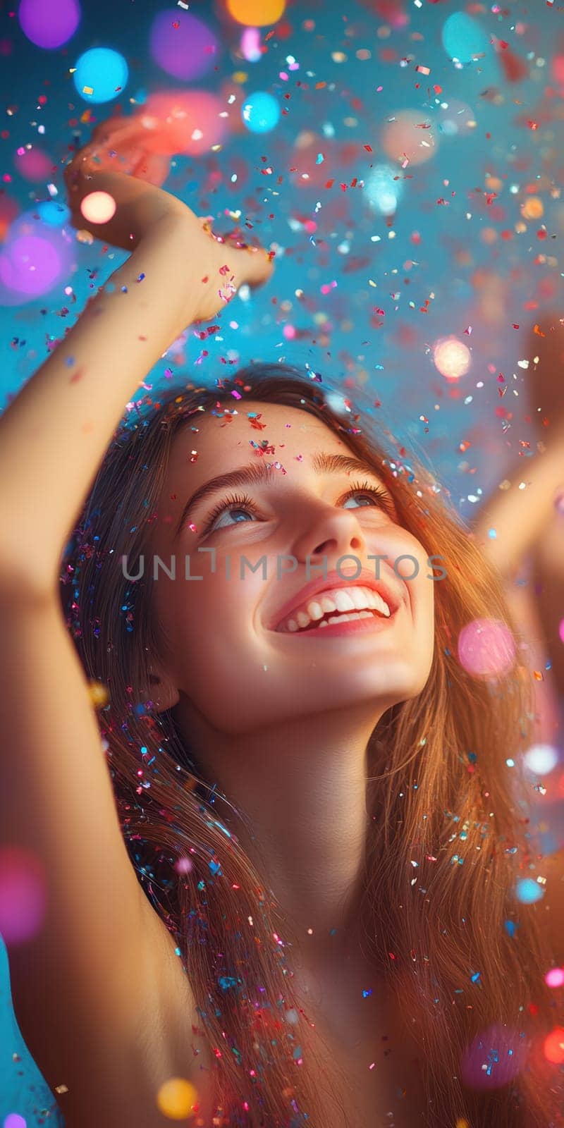 oung woman, celebrating with her arms raised high in the air, surrounded by colorful confetti.  AI generative.