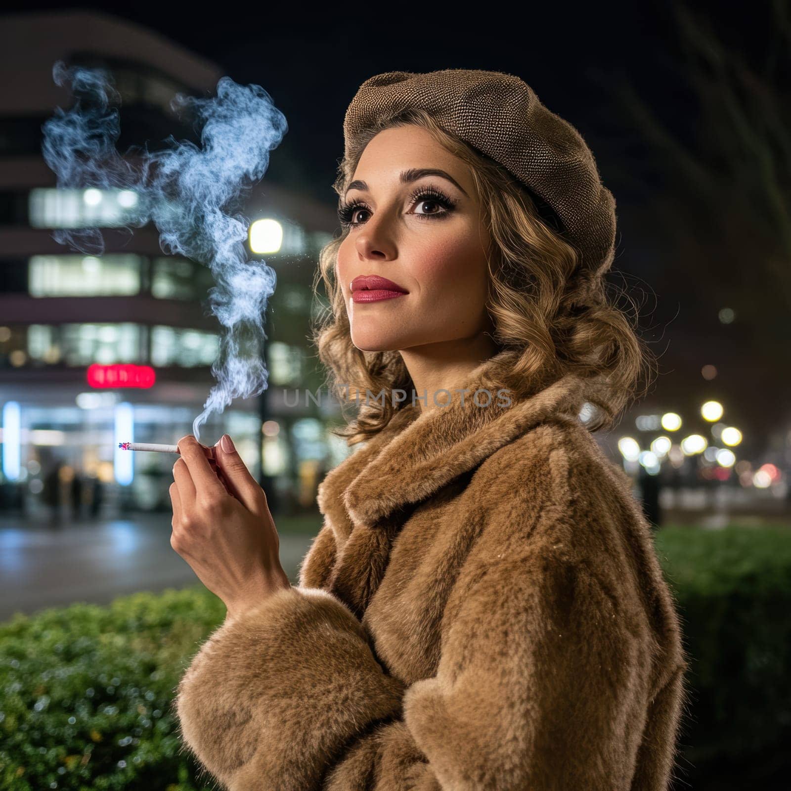 Woman dressed in 80s style smoking a cigarette on the street. AI generative.
