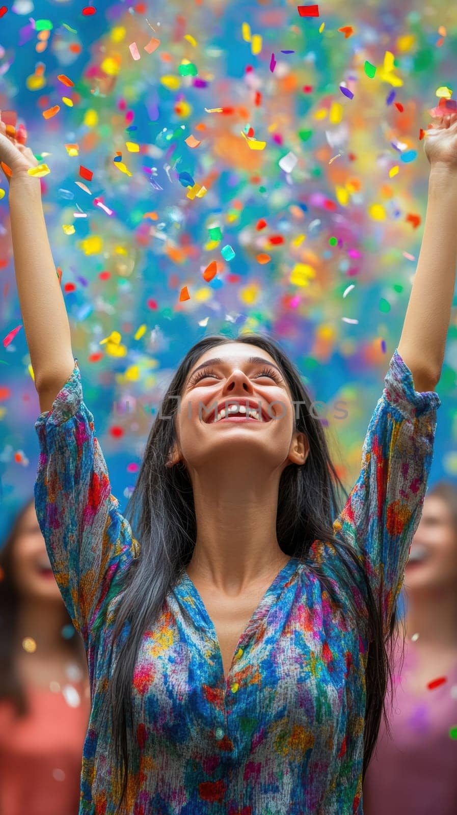 oung woman, celebrating with her arms raised high in the air, surrounded by colorful confetti.  AI generative.