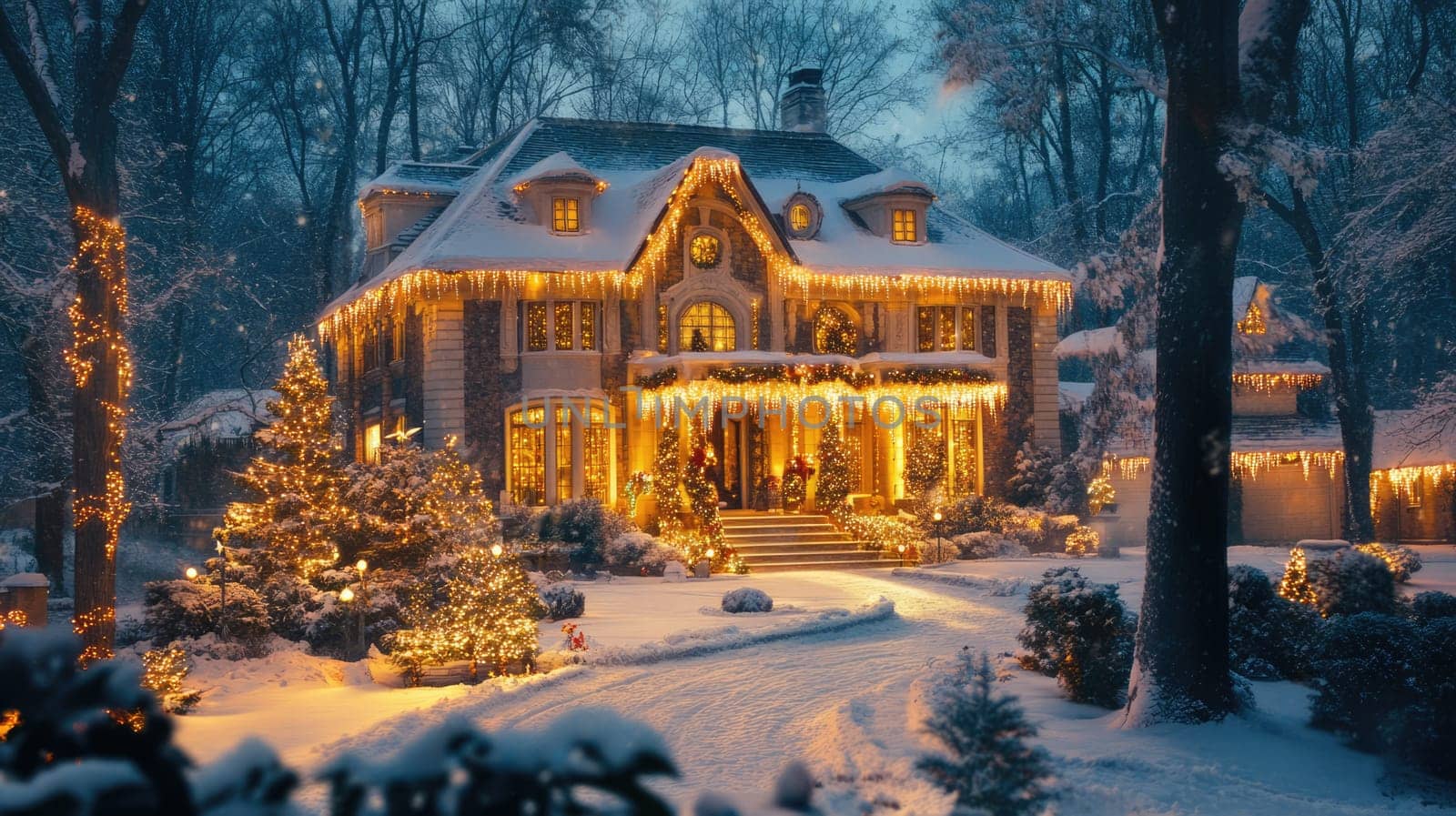 French style house decorated and illuminated for Christmas and New Year. City mansion in winter park covered with snow.