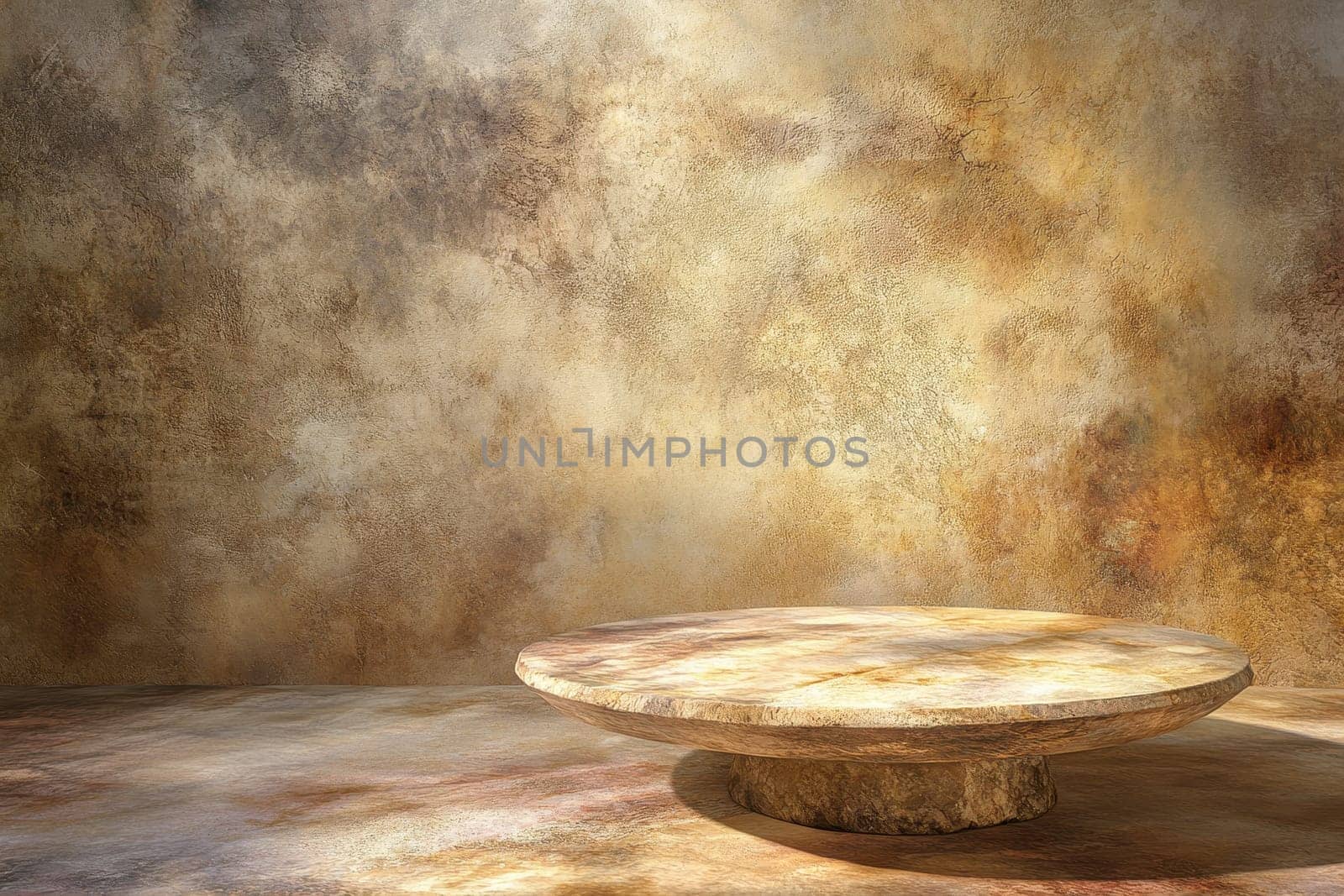 This abstract composition features a marble pedestal softly lit in a textured room. Ideal for showcasing products or art in a modern interior setting.