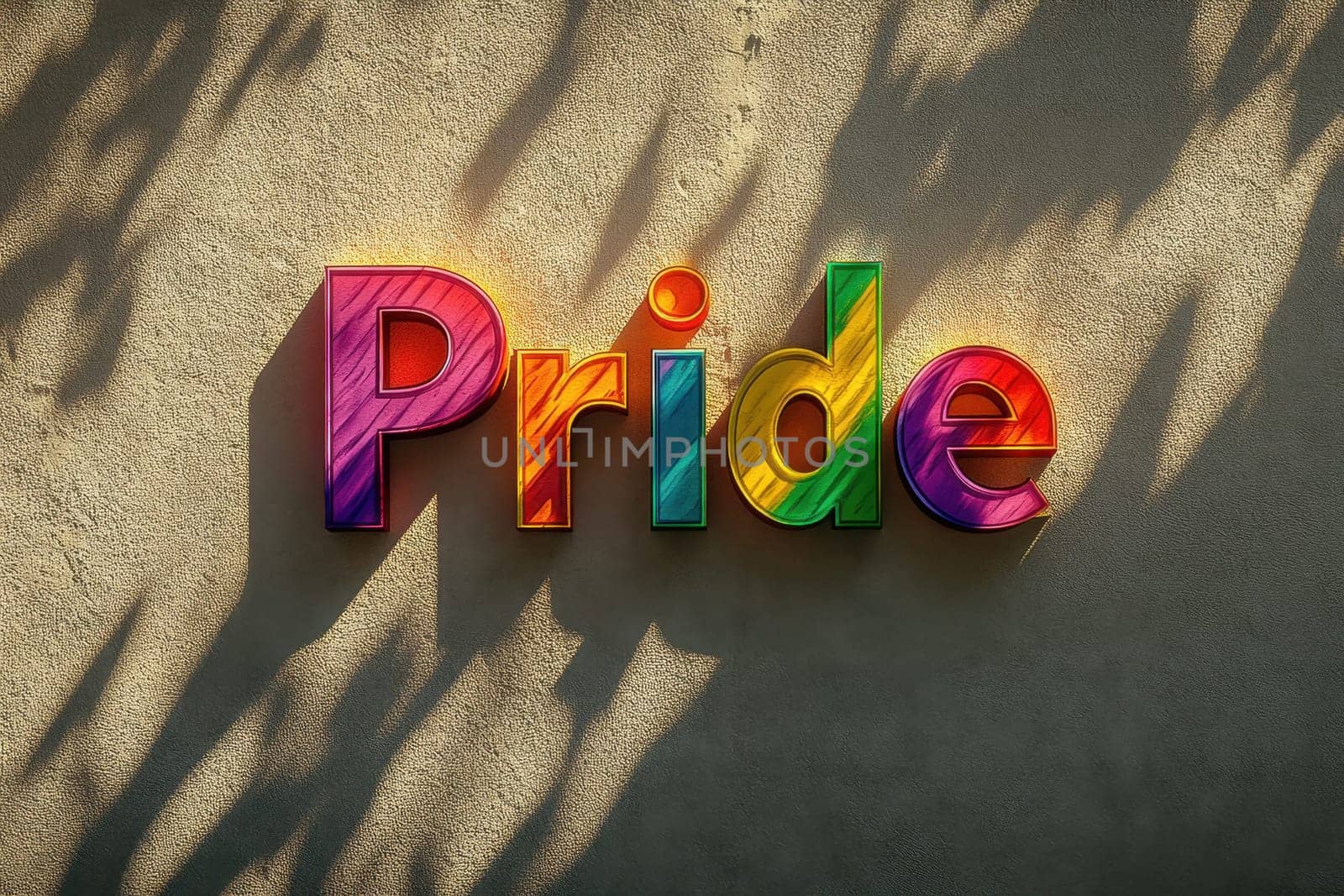A vibrant rainbow flag waving gracefully in the wind, casting colorful shadows. The energetic display represents love, diversity, and unity against a textured backdrop, evoking pride.