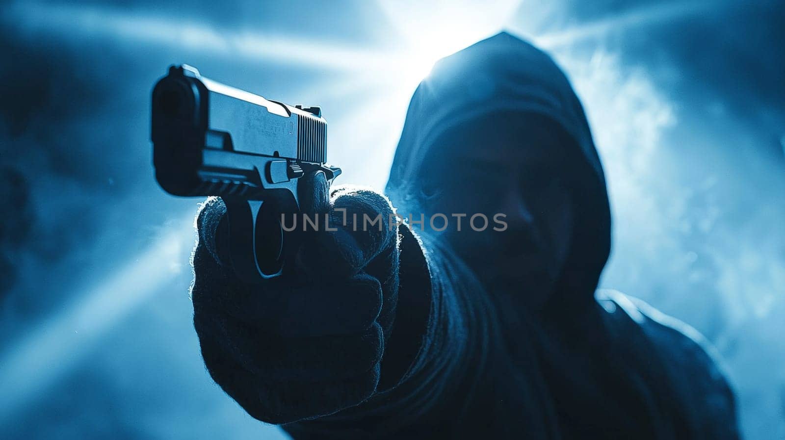 A striking cinematic close-up of a hooded figure aiming a gun directly at the viewer. The dramatic bottom-to-top perspective enhances the intensity of the scene, with deep shadows and a mysterious silhouette illuminated by eerie blue rays of light. The atmospheric lighting and sharp focus evoke suspense, power, and intrigue, making it a gripping visual.