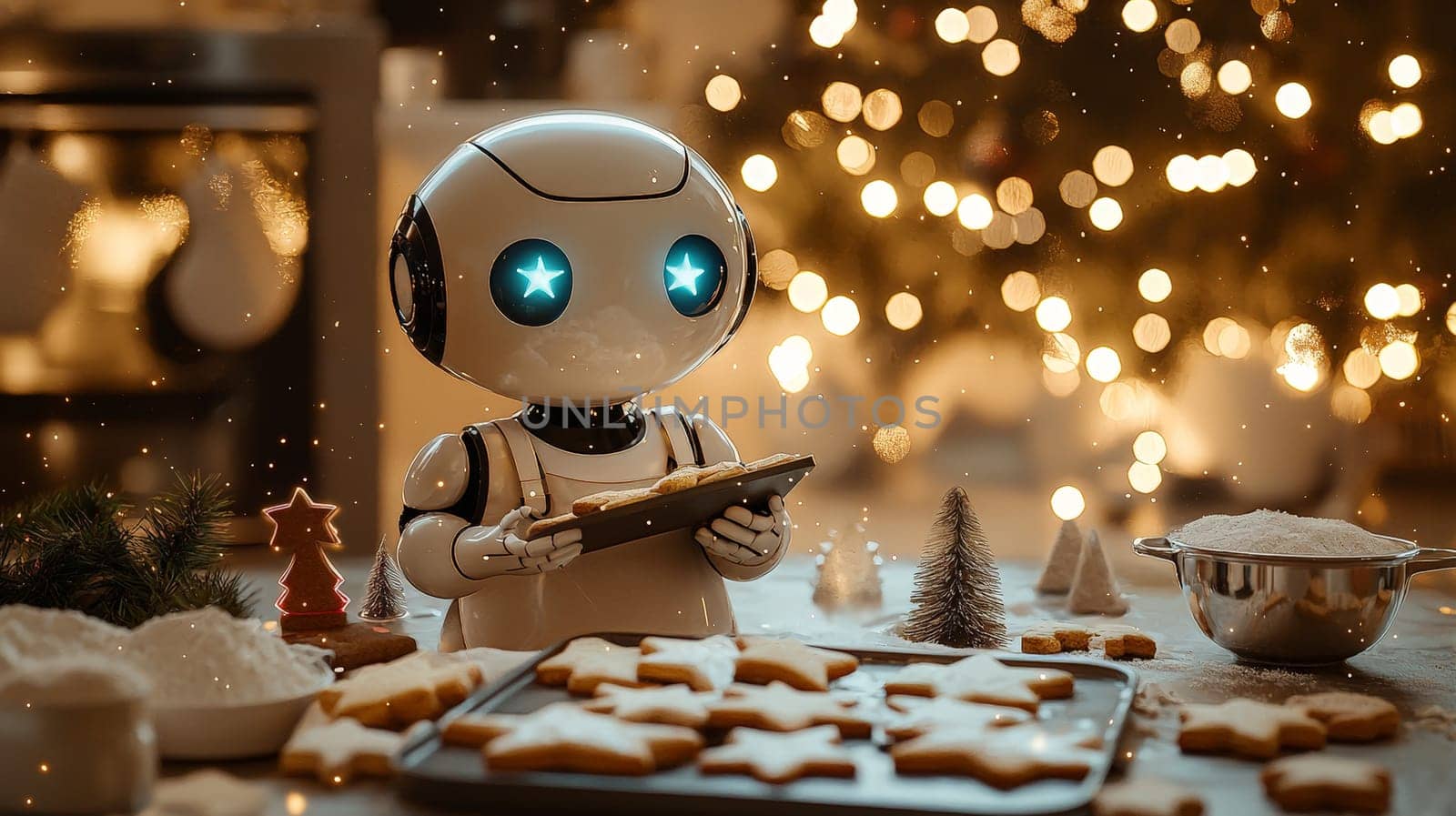 A heartwarming scene of a cute futuristic robot in a cozy kitchen, donned with a tiny apron, lovingly baking Christmas cookies. The space is filled with holiday cheer, featuring flour-dusted counters, star- and tree-shaped cookies, glowing string lights, and festive decorations. The cinematic lighting, soft whites, and golden hues enhance the warm, cheerful atmosphere, while intricate details and a subtle bokeh effect add a magical touch.