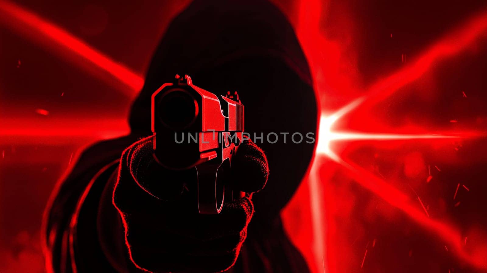 A gripping close-up of a shadowy figure in a hoodie aiming a gun directly at the viewer. The dramatic perspective from below, illuminated by ominous rays of light, creates a cinematic and suspenseful atmosphere. The image conveys tension, mystery, and intensity with its bold contrast and evocative framing.