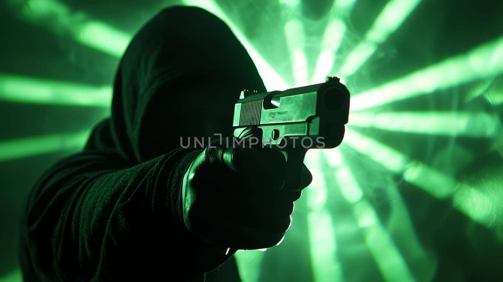 A gripping close-up of a shadowy figure in a hoodie aiming a gun directly at the viewer. The dramatic perspective from below, illuminated by ominous rays of light, creates a cinematic and suspenseful atmosphere. The image conveys tension, mystery, and intensity with its bold contrast and evocative framing.