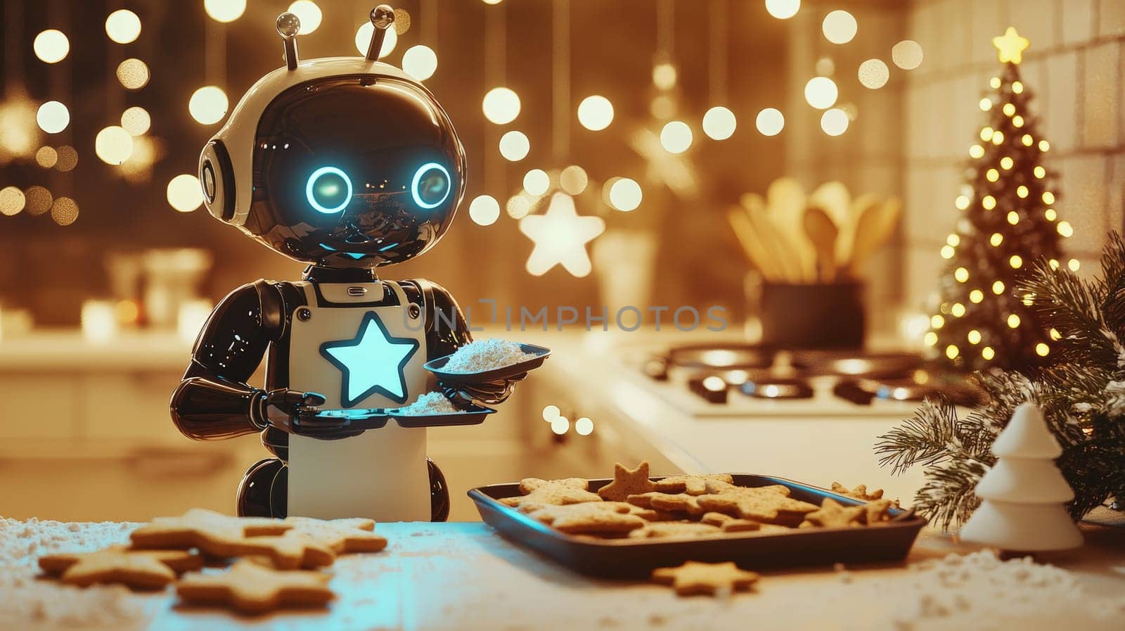 A heartwarming scene of a cute futuristic robot in a cozy kitchen, donned with a tiny apron, lovingly baking Christmas cookies. The space is filled with holiday cheer, featuring flour-dusted counters, star- and tree-shaped cookies, glowing string lights, and festive decorations. The cinematic lighting, soft whites, and golden hues enhance the warm, cheerful atmosphere, while intricate details and a subtle bokeh effect add a magical touch.