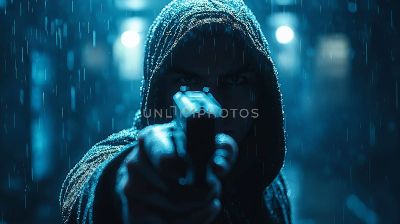 A striking cinematic close-up of a hooded figure aiming a gun directly at the viewer. The dramatic bottom-to-top perspective enhances the intensity of the scene, with deep shadows and a mysterious silhouette illuminated by eerie blue rays of light. The atmospheric lighting and sharp focus evoke suspense, power, and intrigue, making it a gripping visual.