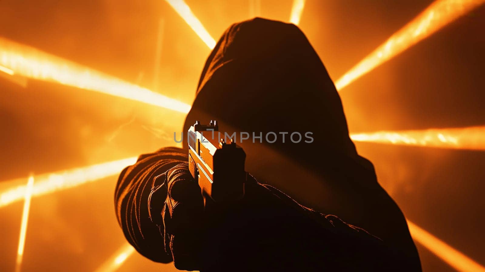 A gripping close-up of a shadowy figure in a hoodie aiming a gun directly at the viewer. The dramatic perspective from below, illuminated by ominous rays of light, creates a cinematic and suspenseful atmosphere. The image conveys tension, mystery, and intensity with its bold contrast and evocative framing.