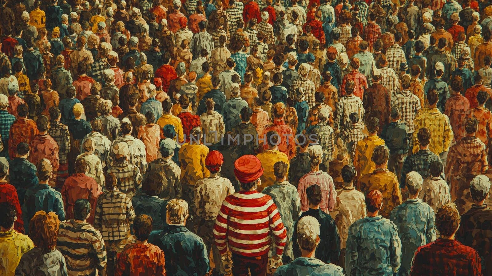 A lively and intricate "Where's Waldo"" illustration packed with vibrant characters, whimsical activities, and a playful ambiance. The bustling scene challenges viewers to spot Waldo amidst the colorful chaos, featuring amusing details and quirky moments that make the search engaging and fun."