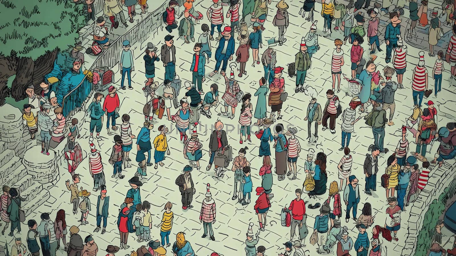 A lively and intricate "Where's Waldo"" illustration packed with vibrant characters, whimsical activities, and a playful ambiance. The bustling scene challenges viewers to spot Waldo amidst the colorful chaos, featuring amusing details and quirky moments that make the search engaging and fun."