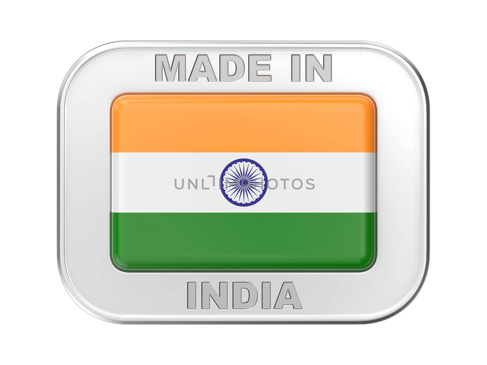 Made in India, silver badge with the national flag of India