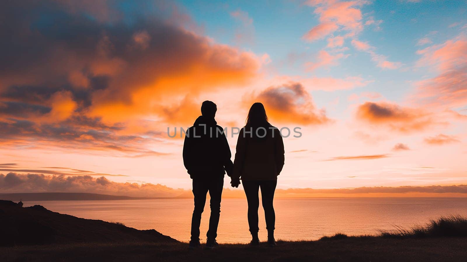 Couple holding hands, silhouetted against a beautiful sunset.