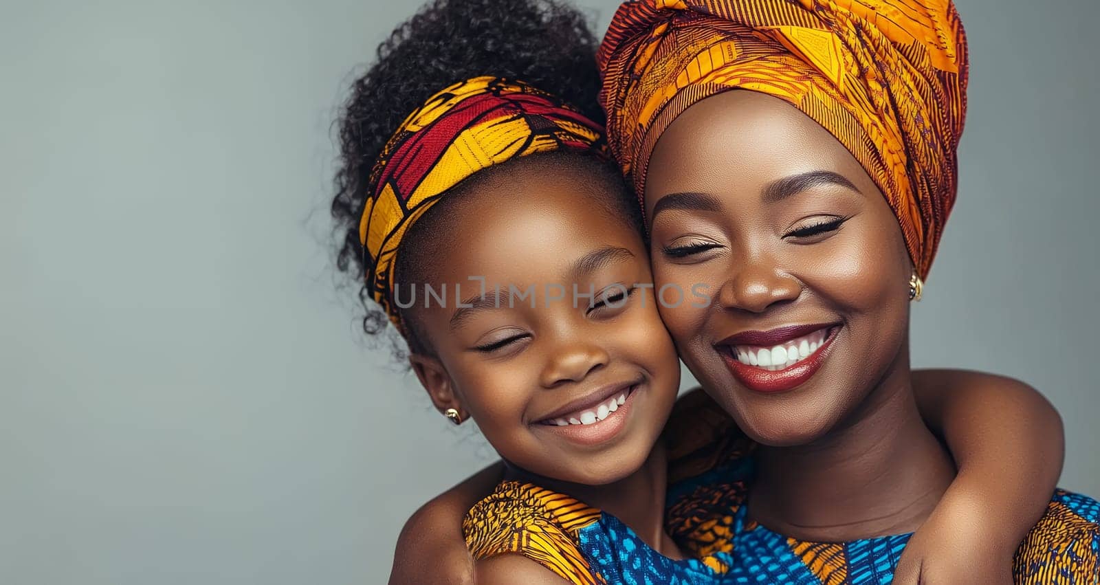 A heartwarming portrait of a mother and daughter embracing, celebrating their close bond and African heritage.