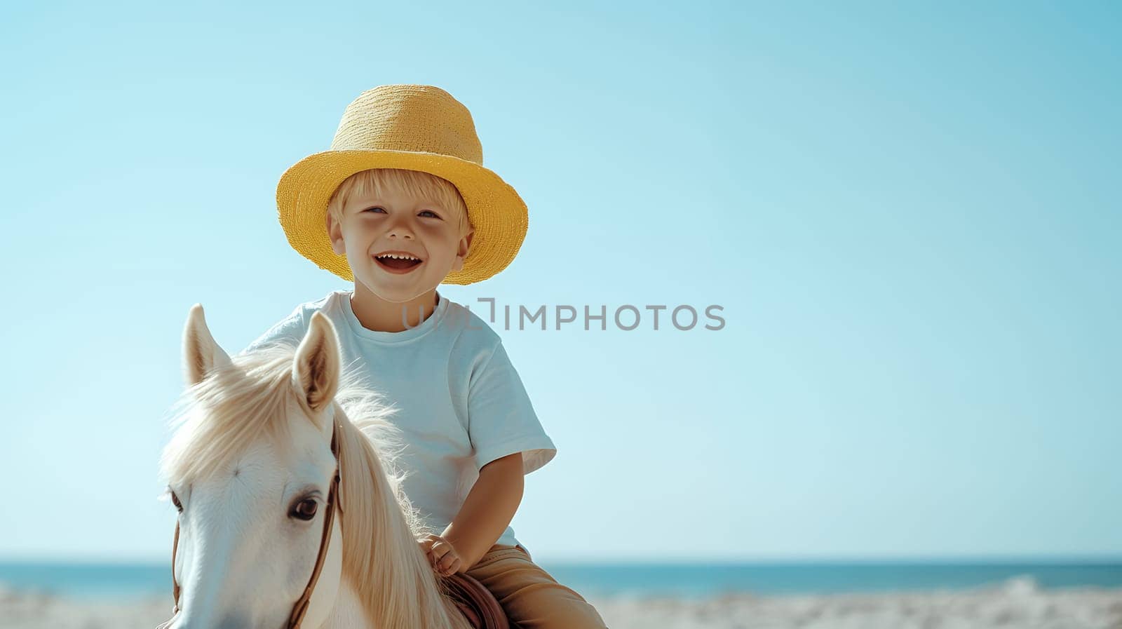 Young boy enjoying a ride on a pony along the beach.