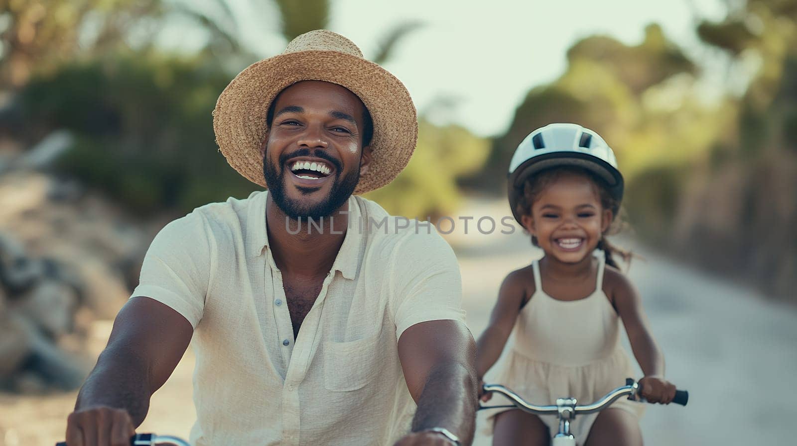 Father and daughter enjoying a fun bike ride together on a sunny day.