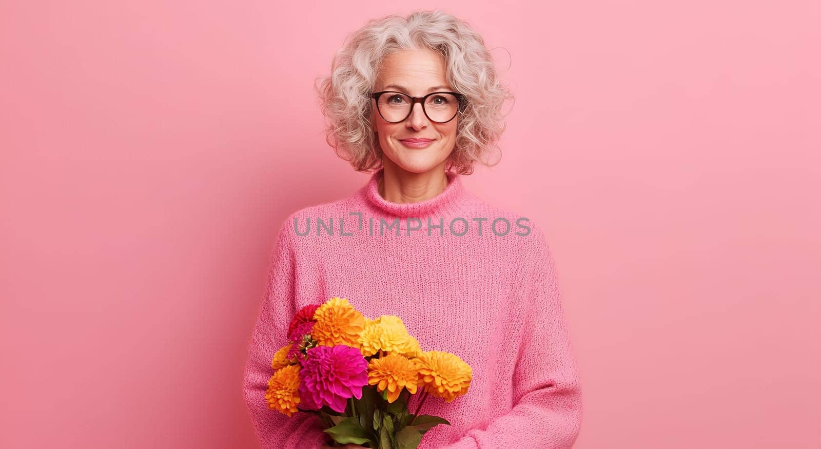 Senior woman holding a bouquet of flowers against a pink background.