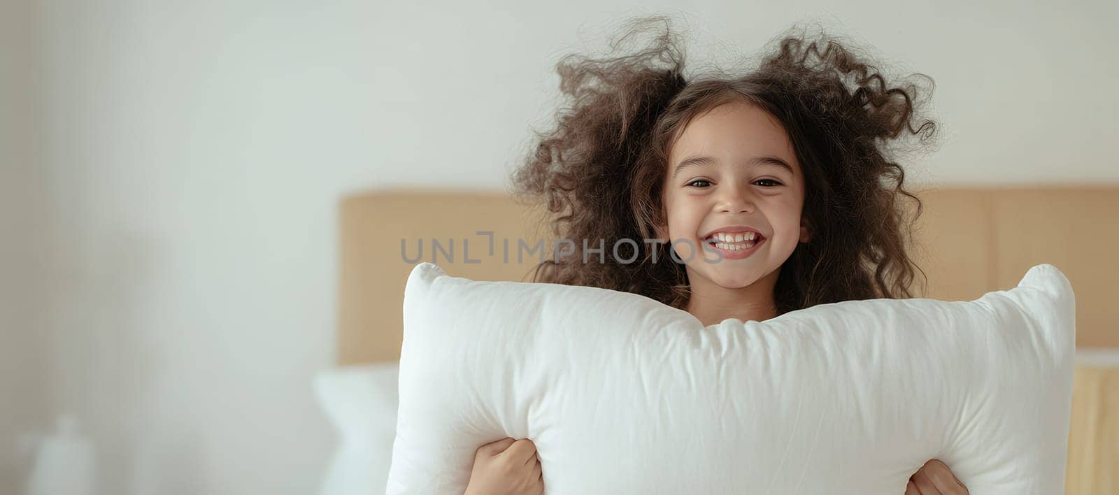 Cute girl holding a pillow, ready for a bedtime story and sweet dreams.