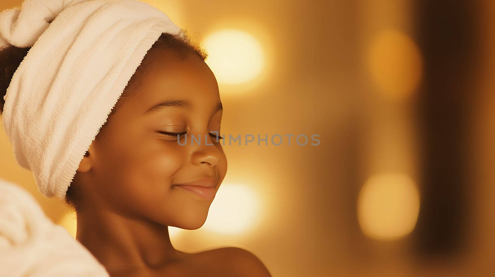 Serene young girl with a towel on her head enjoying a quiet moment.