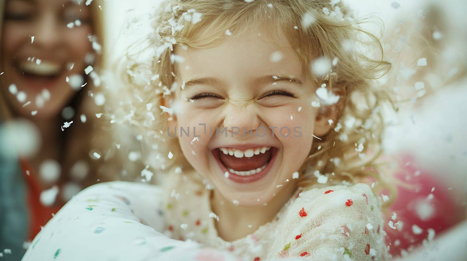 Girl laughing joyfully amidst falling confetti.