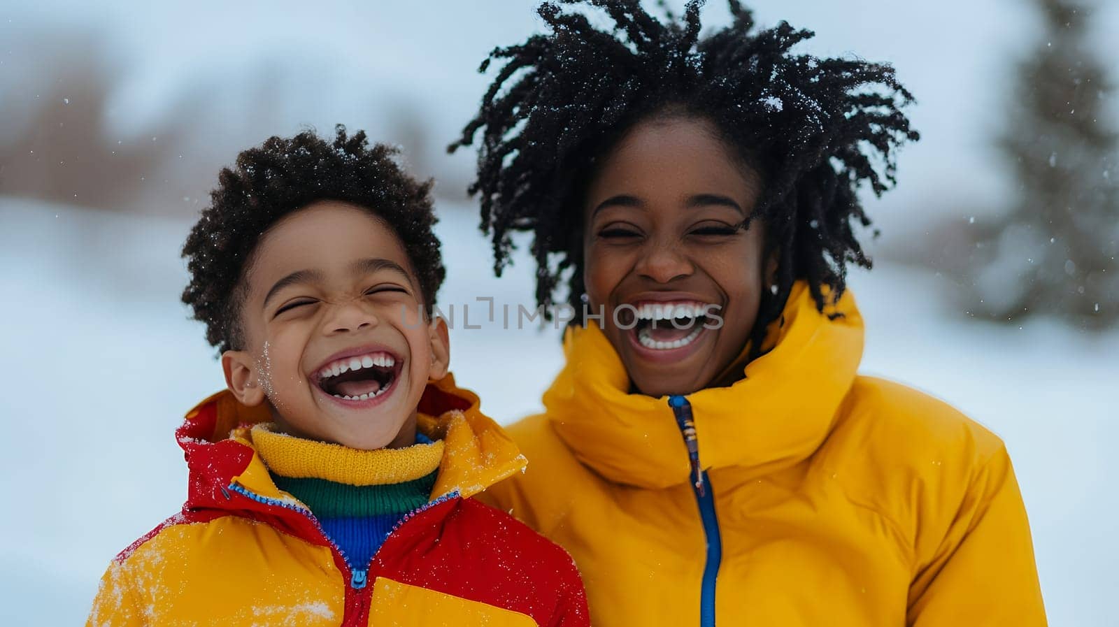 Two children bundled up in winter clothes, enjoying the snowy weather.