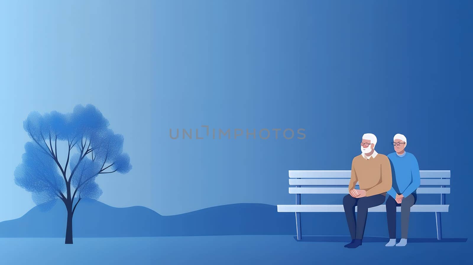 Silhouette of a senior couple sitting on a bench against a serene blue sky.