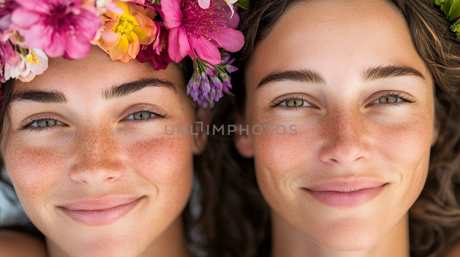 Two beautiful women share radiant smiles, exuding happiness and positivity.