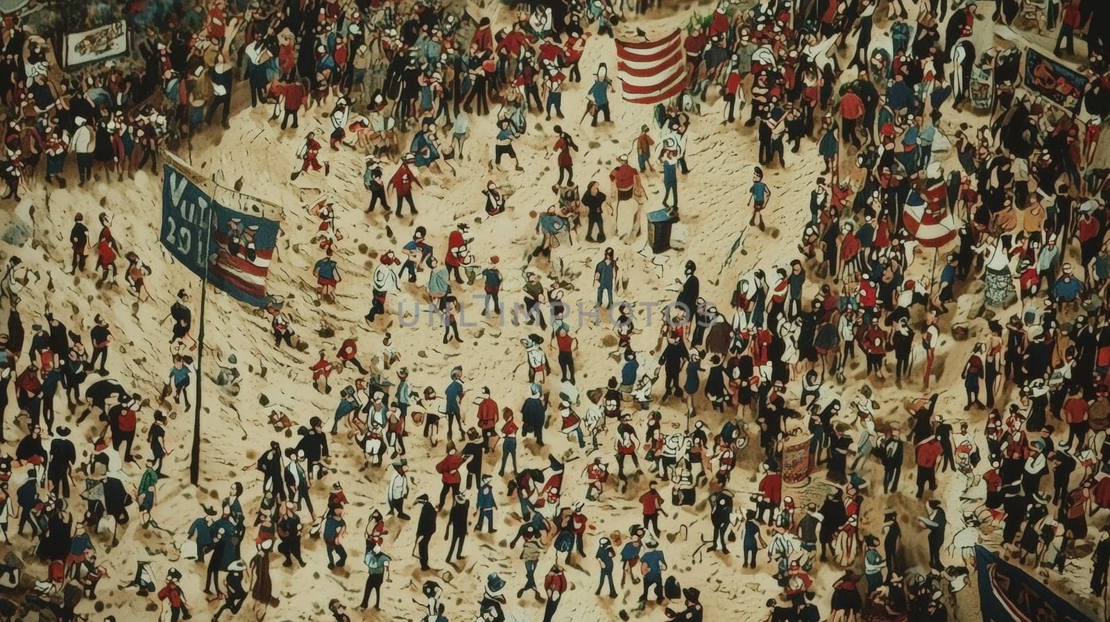 A lively and intricate "Where's Waldo"" illustration packed with vibrant characters, whimsical activities, and a playful ambiance. The bustling scene challenges viewers to spot Waldo amidst the colorful chaos, featuring amusing details and quirky moments that make the search engaging and fun."