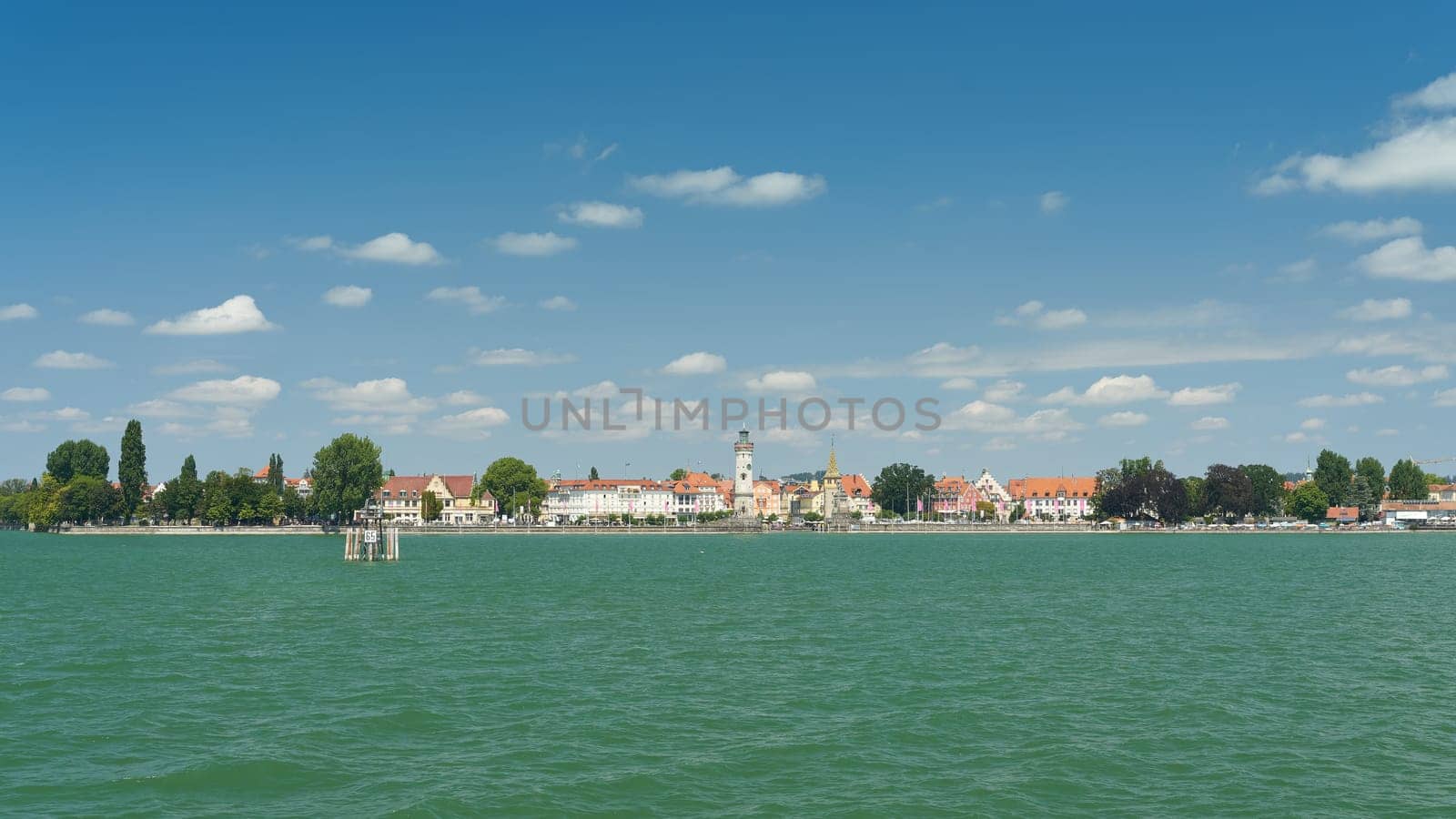 View of the panorama of the town of Lindau on Lake Constance, Bodensee from the water