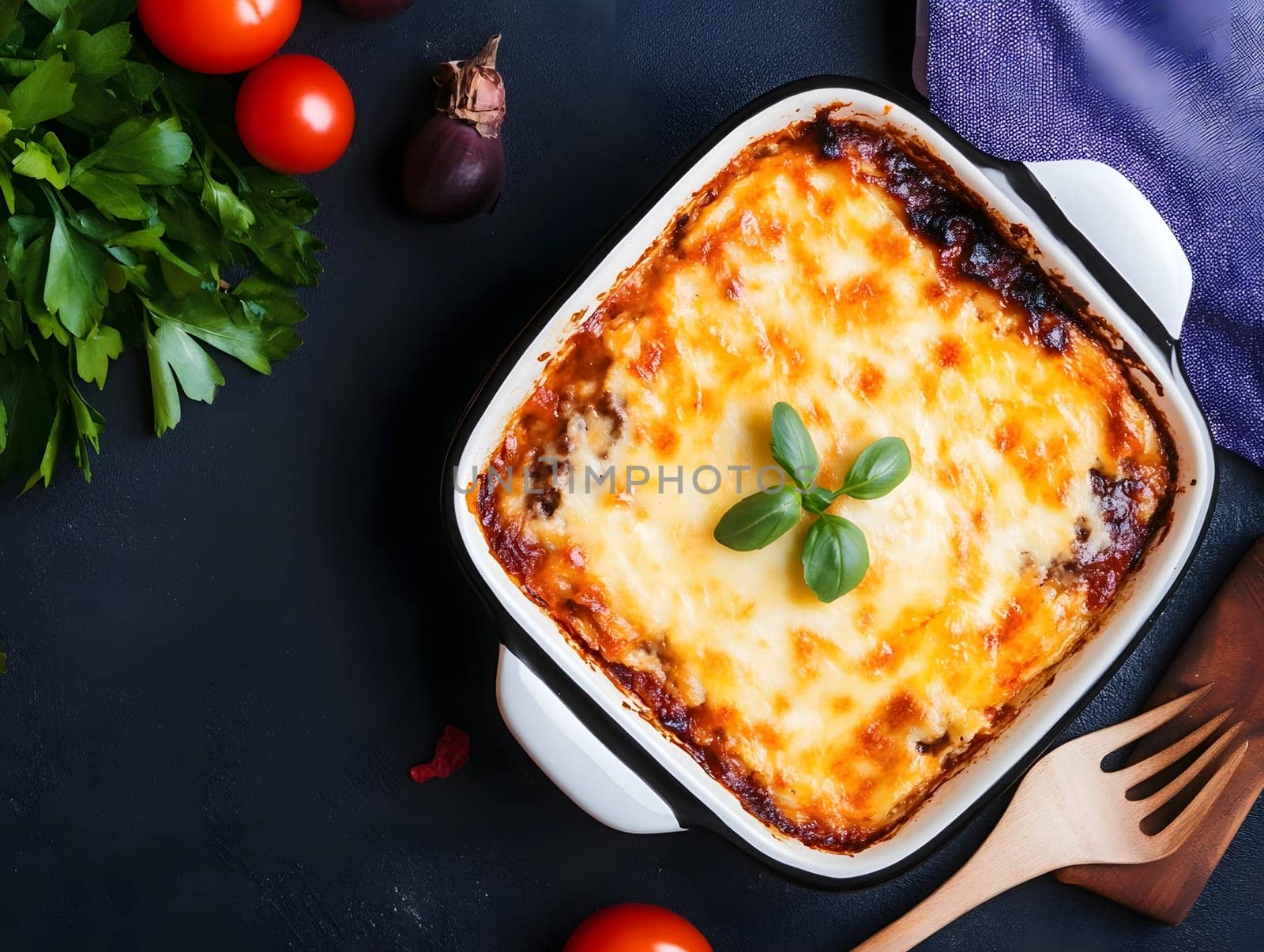 Cooking a fresh homemade moussaka recipe meal. Tasty Dish of Food with cheese