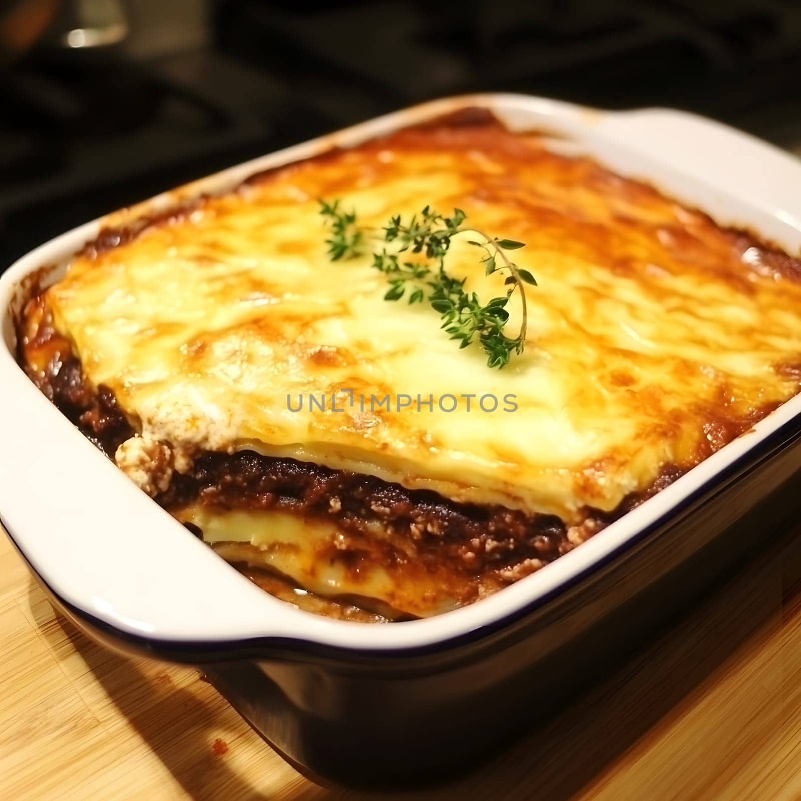 Cooking a fresh homemade moussaka recipe meal. Tasty Dish of Food with cheese