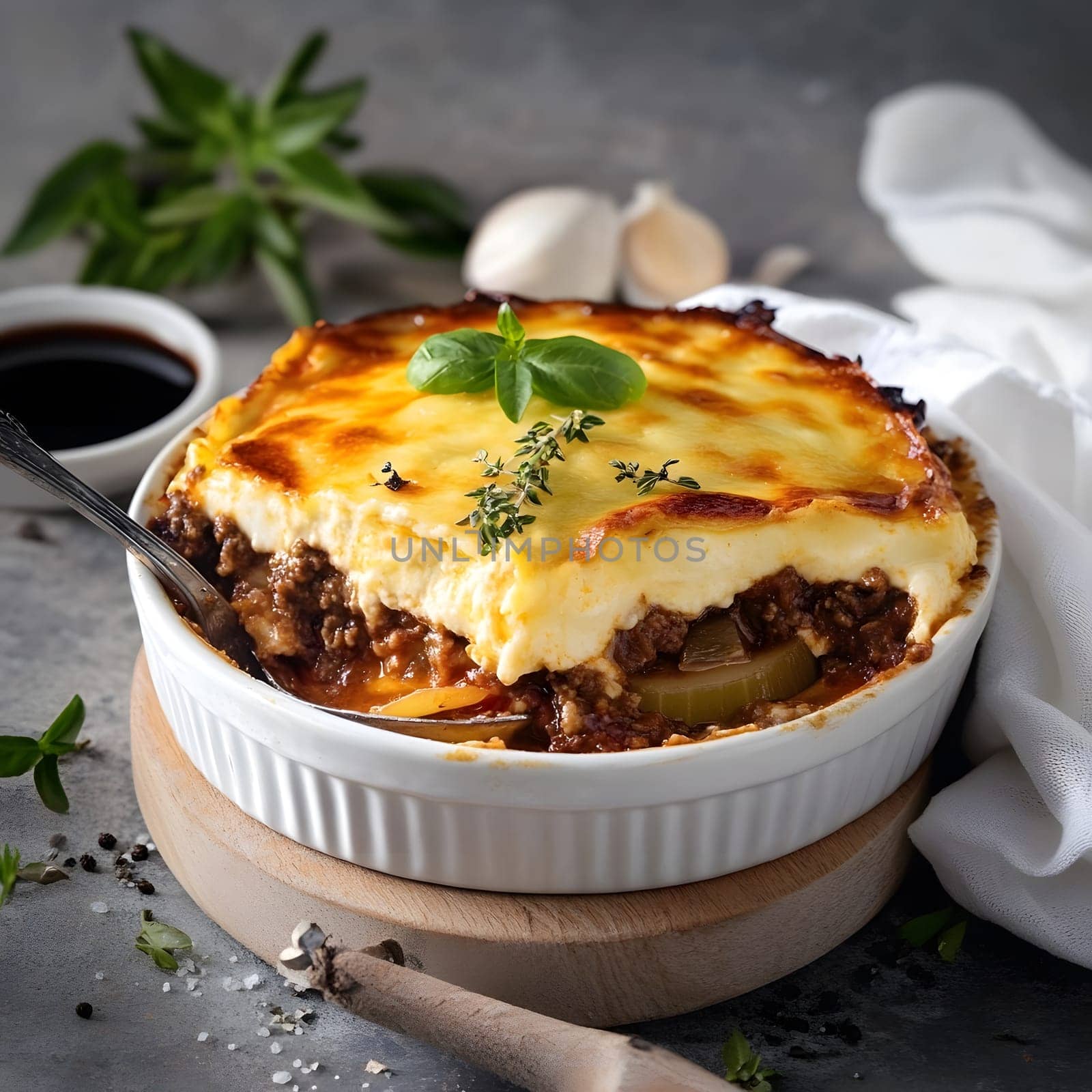 Cooking a fresh homemade moussaka recipe meal. Tasty Dish of Food with cheese