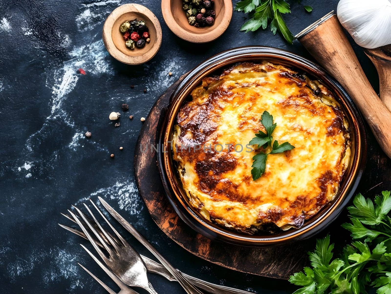 Cooking a fresh homemade moussaka recipe meal. Tasty Dish of Food with cheese