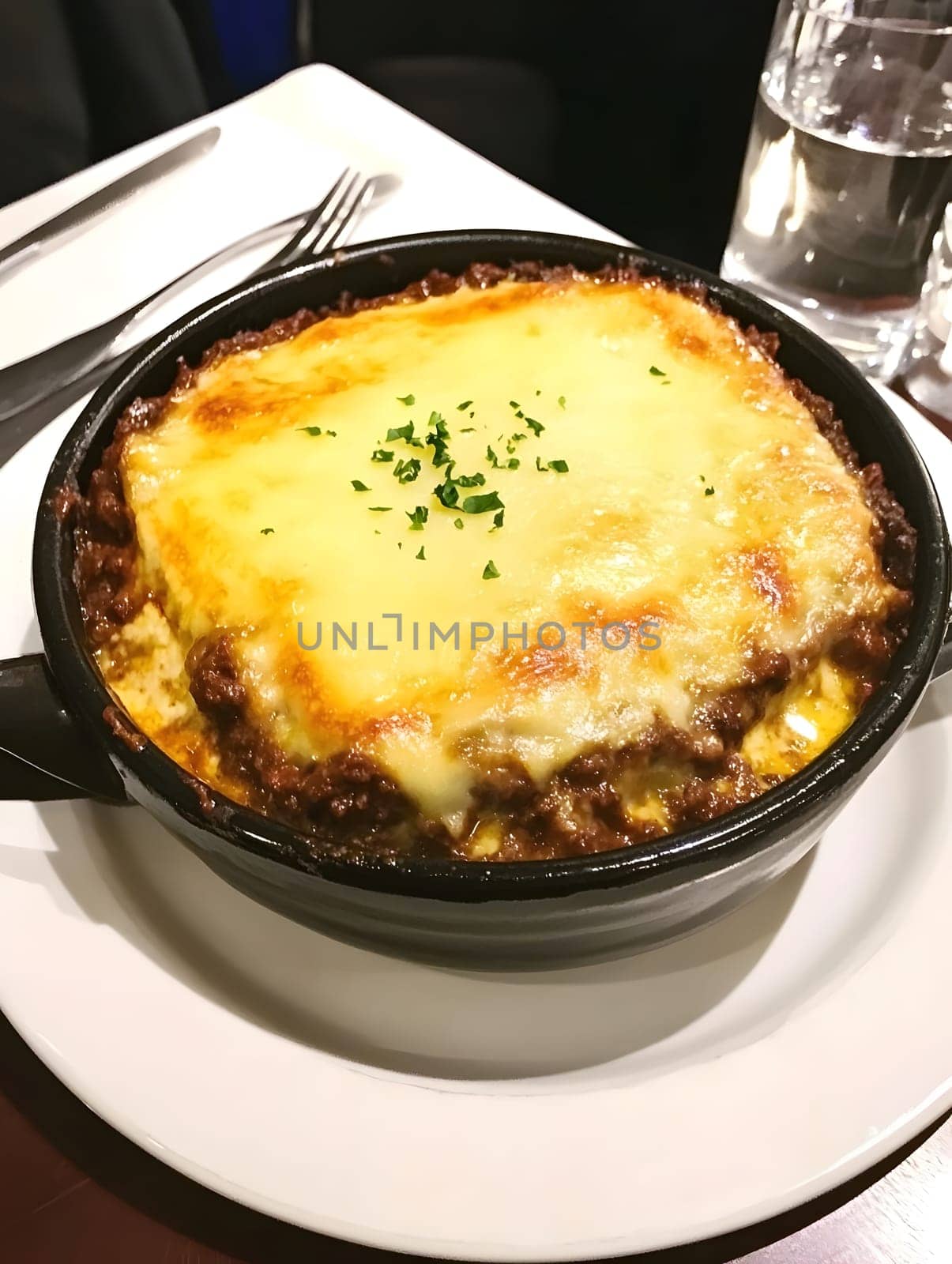 Cooking a fresh homemade moussaka recipe meal. Tasty Dish of Food with cheese