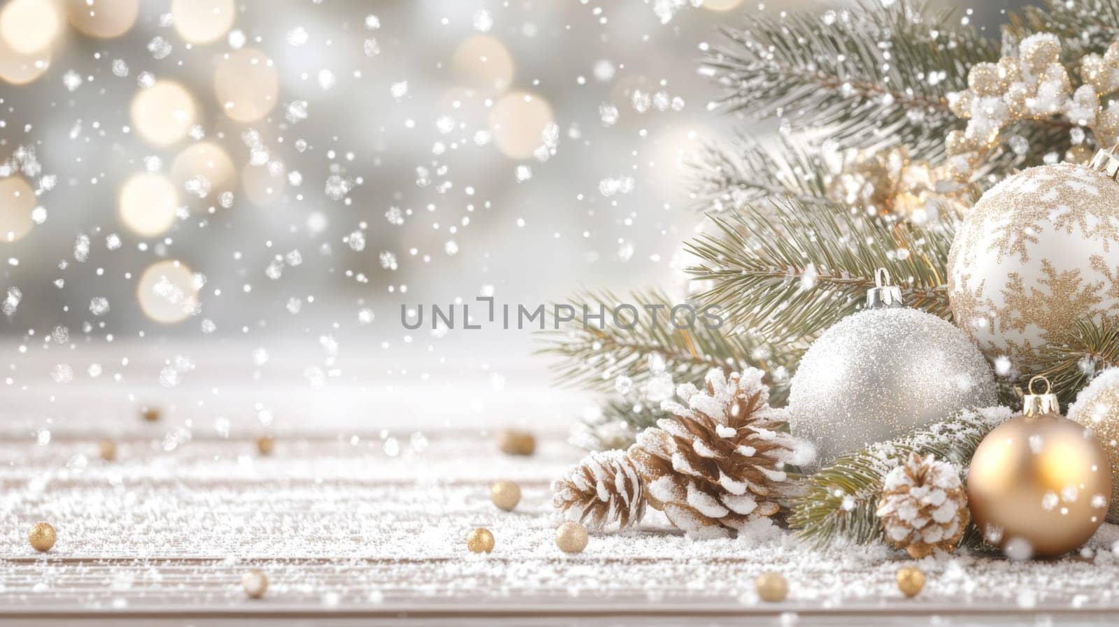 Christmas postcard with ornaments, Christmas tree in snow against blurred background, AI Generated