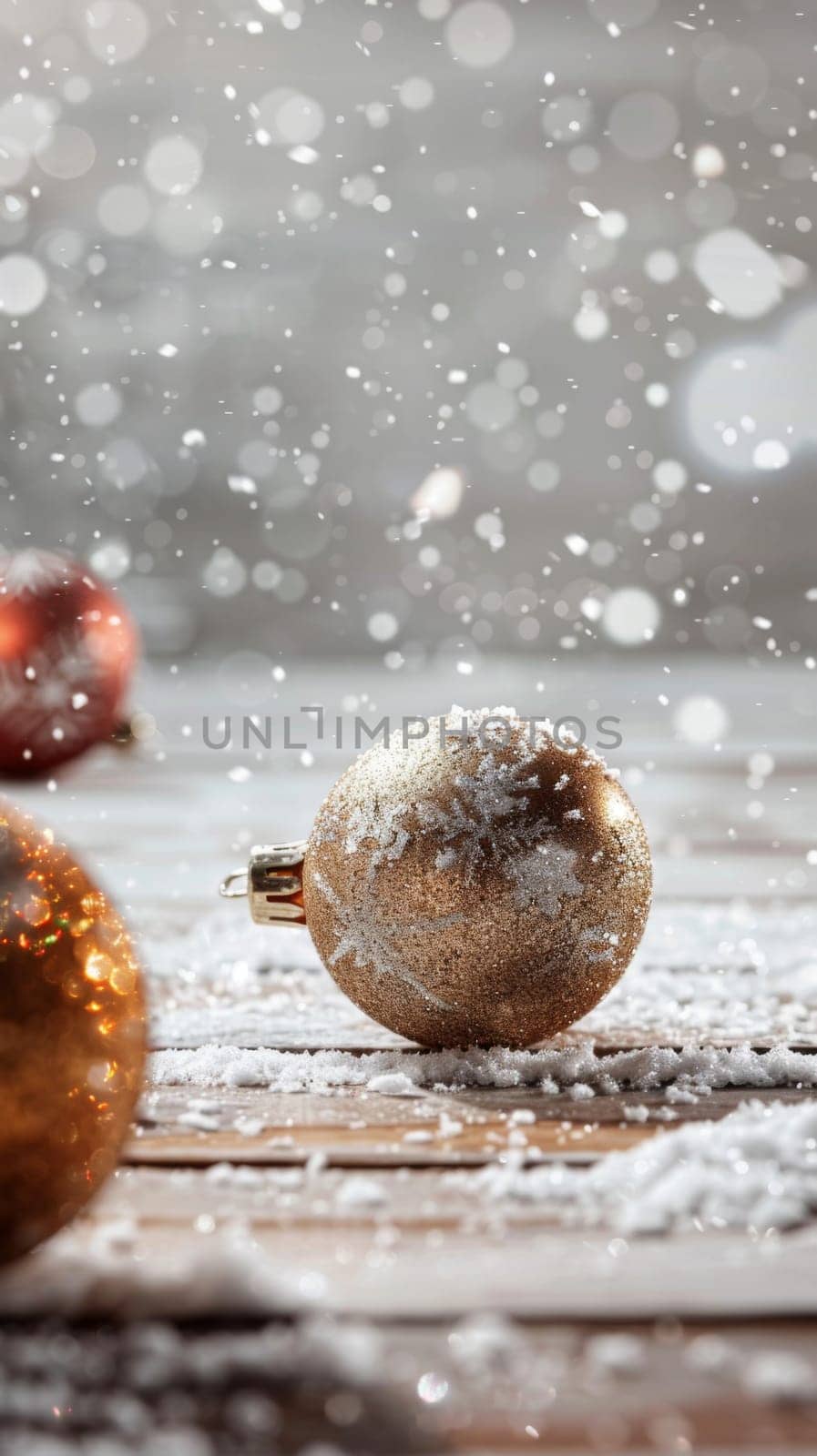 Christmas postcard with ornaments, Christmas tree in snow against blurred background, AI Generated