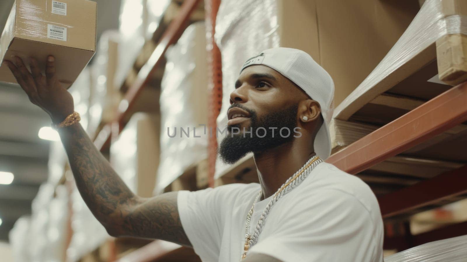 African american man in warehouse reaching for box, working, industrial logistics concept, AI Generated