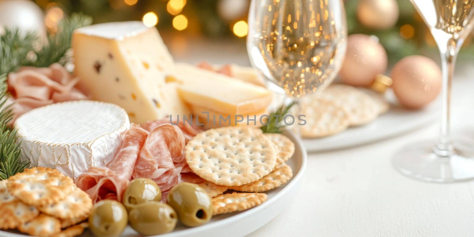 Christmas or New Year holiday charcuterie platter with cheeses, salami, grapes, olives on board, festive background, copy space, AI generated