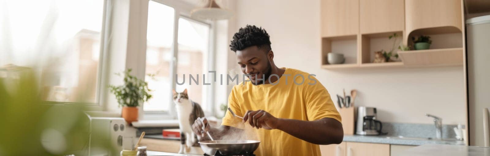 Young man cooking breakfast at home in sunlit modern kitchen, morning routine, AI generated
