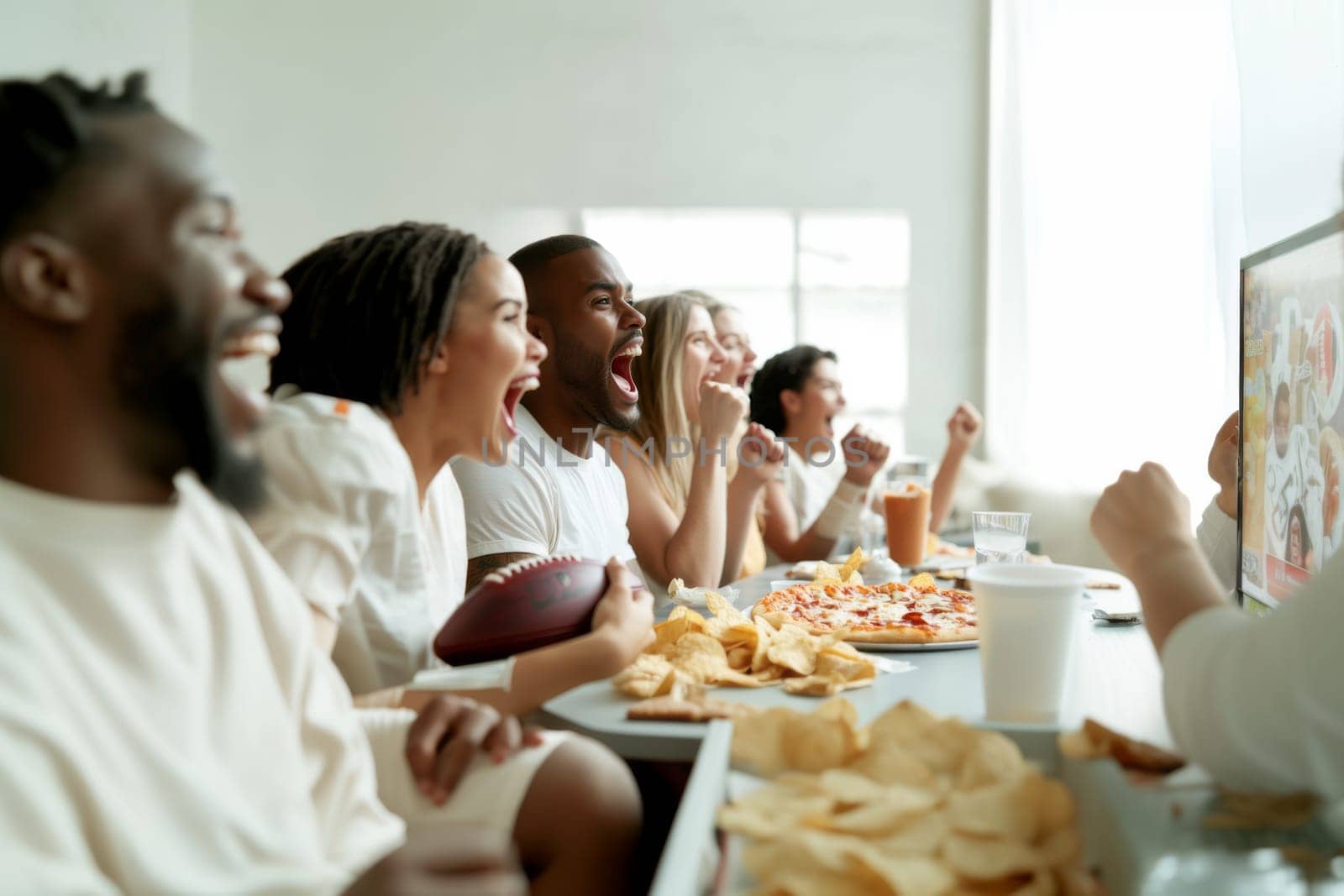 Friends watching Super Bowl football game eating snacks together at home, AI generated