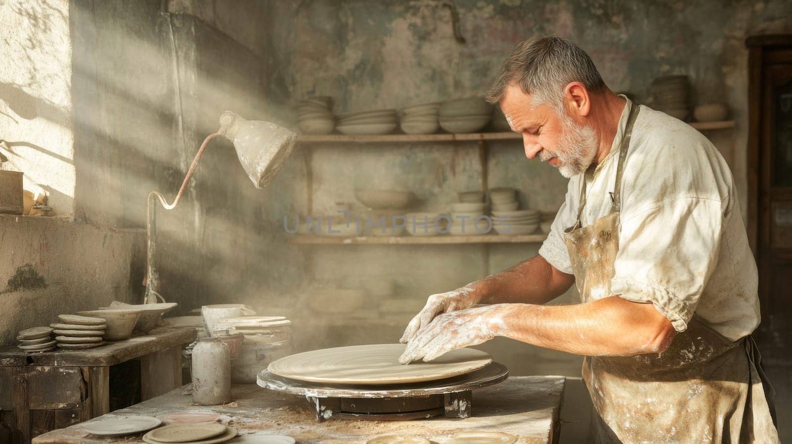 Man crafting pottery in dusty workshop, artistic expression concept, AI generated
