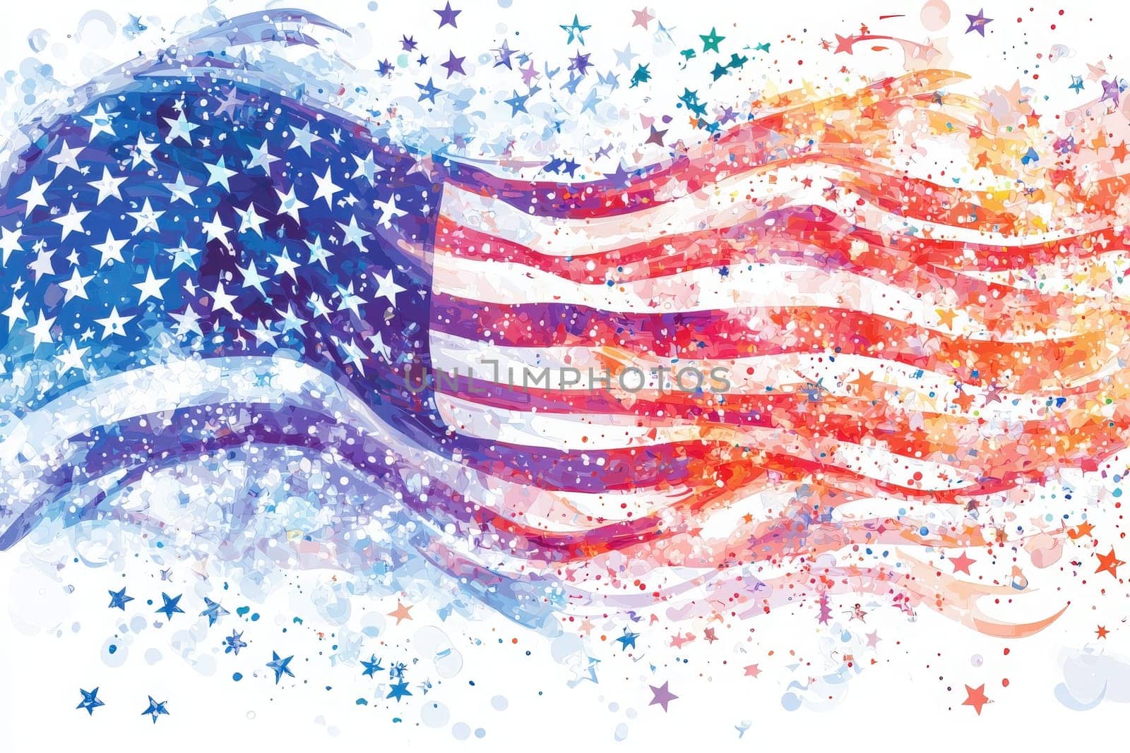 This artwork features a flowing representation of the American flag, blending colors and stars in a vibrant, dynamic style. The creative design captures a sense of movement and patriotism.